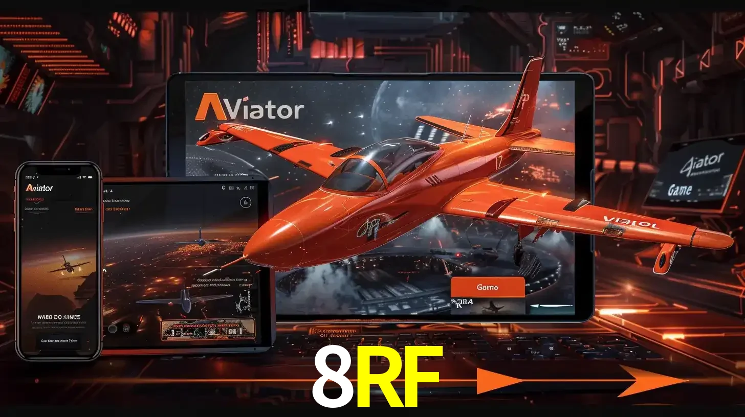 Apresentação tecnológica do jogo Aviator com um avião saindo da tela de um tablet, demonstrando a experiência imersiva em múltiplos dispositivos no 8RF.