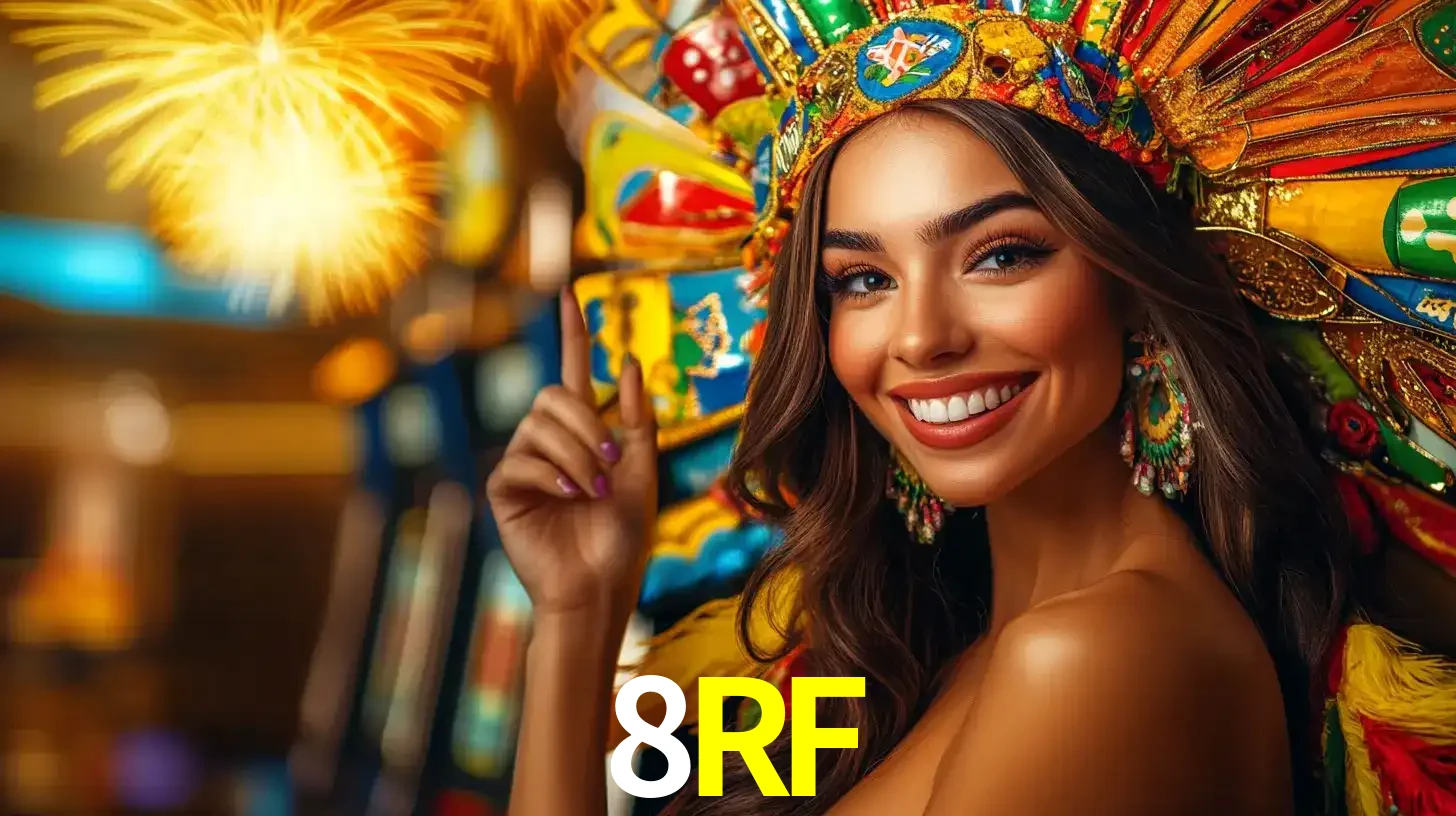 Mulher sorridente com um cocar de carnaval vibrante e colorido, celebrando uma grande vitória nos jogos do cassino 8RF com fogos de artifício ao fundo.