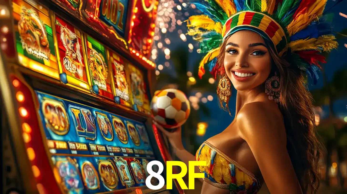 Mulher com um cocar de carnaval ao lado de uma máquina de caça-níqueis enquanto segura uma bola de futebol, mostrando a união da diversão de cassino e esportes no 8RF.