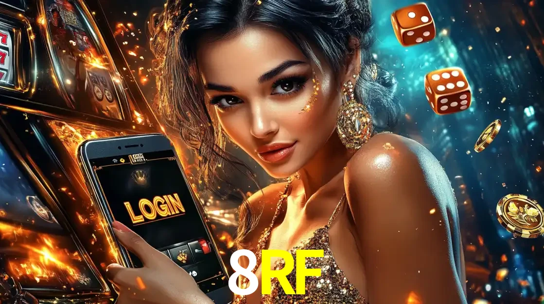 Mulher glamourosa segurando um celular com a tela de login do cassino 8RF, rodeada por dados e moedas douradas, pronta para começar a diversão.