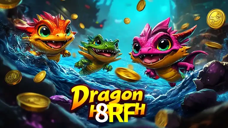Arte promocional do jogo Dragon Hatch com três adoráveis dragões bebês nadando entre moedas de ouro, um dos slots mais divertidos para jogar no cassino 8RF.