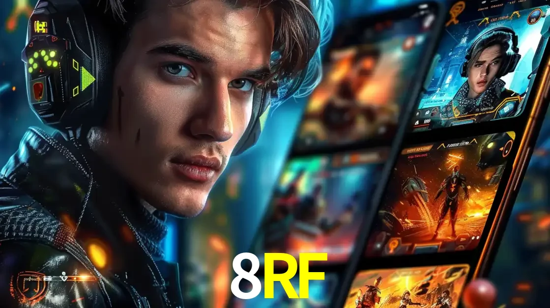 Jovem jogador com fones de ouvido olhando para a câmera, com um aplicativo de jogos e e-sports para celular ao fundo, pronto para a competição e apostas no 8RF.