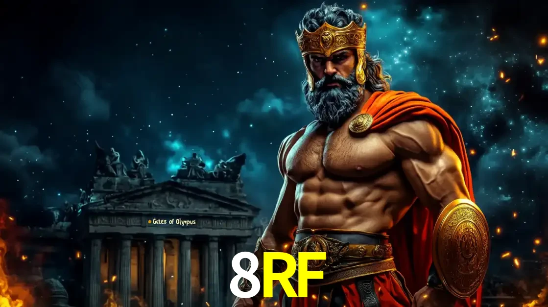 O poderoso Zeus do jogo de slot Gates of Olympus em frente ao seu templo, pronto para lançar multiplicadores divinos e prêmios épicos no cassino online 8RF.