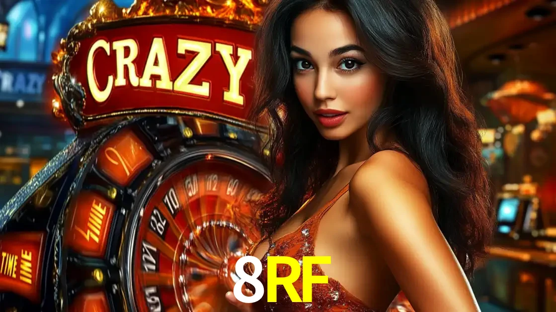 Mulher glamourosa olhando para a câmera com a roda vermelha do Crazy Time ao fundo em um ambiente de cassino, destacando a emoção dos jogos ao vivo no 8RF.