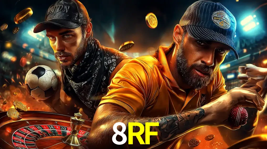 Montagem de apostas esportivas e cassino no 8RF, com um homem segurando uma bola de futebol e outro uma de beisebol sobre uma roleta e moedas voadoras.