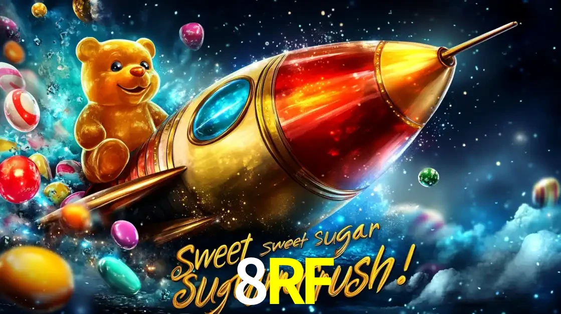 Arte promocional do jogo de slot Sugar Rush, com um urso de pelúcia em um foguete viajando pelo espaço de doces, um dos jogos divertidos disponíveis no cassino 8RF.