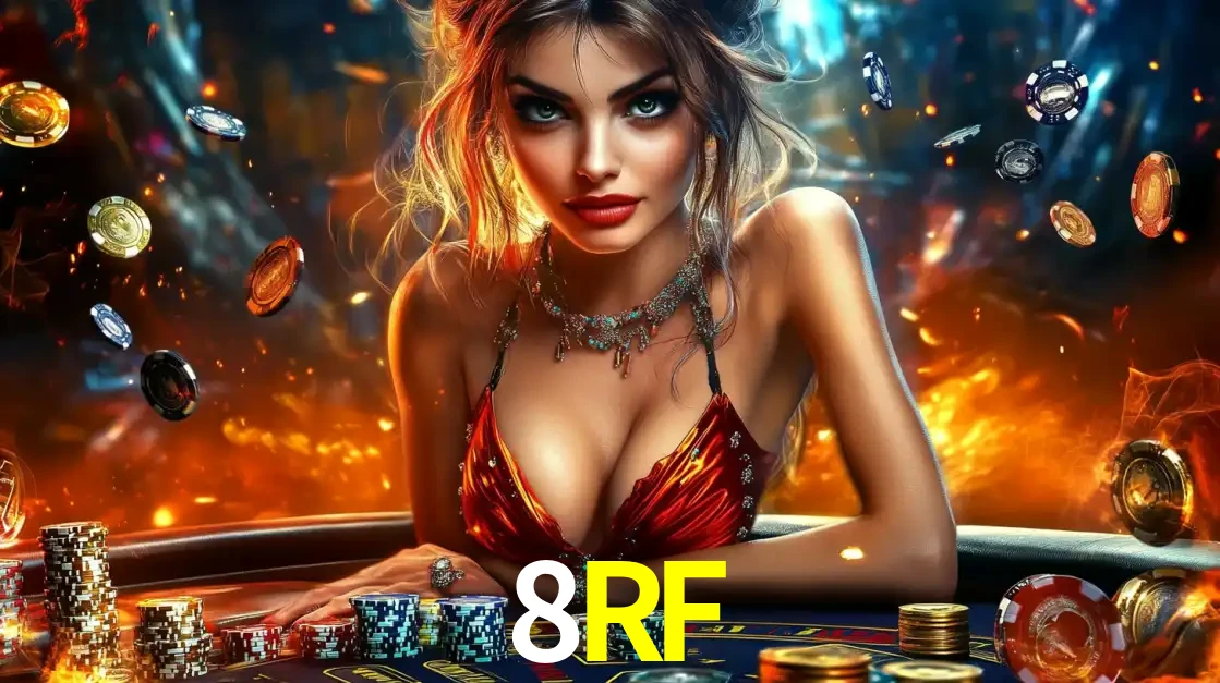 Mulher em uma mesa de cassino com pilhas de fichas e um fundo de fogo, pronta para uma rodada de altas apostas nos jogos de mesa emocionantes do cassino 8RF.