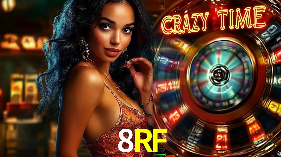 Mulher elegante ao lado da vibrante roda da fortuna do jogo de cassino ao vivo Crazy Time, um dos game shows mais populares e cheios de prêmios do 8RF.