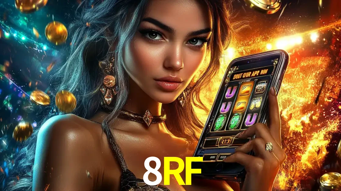 Mulher elegante mostrando um jogo de caça-níqueis em seu smartphone, destacando a experiência de cassino móvel oferecida pelo aplicativo 8RF.