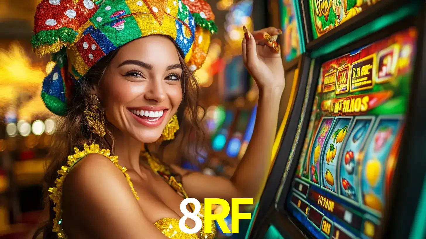 Mulher feliz com traje de carnaval amarelo e colorido ao lado de uma máquina de caça-níqueis, aproveitando a diversão e os jogos temáticos do cassino 8RF.