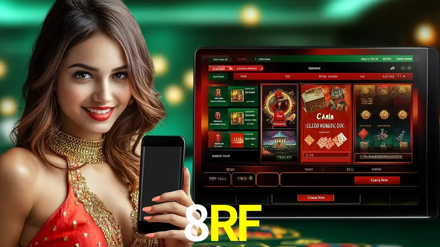 Mulher sorridente segurando um smartphone, ao lado de uma tela exibindo o lobby de jogos do cassino online 8RF, com várias opções de jogos de cartas e slots.