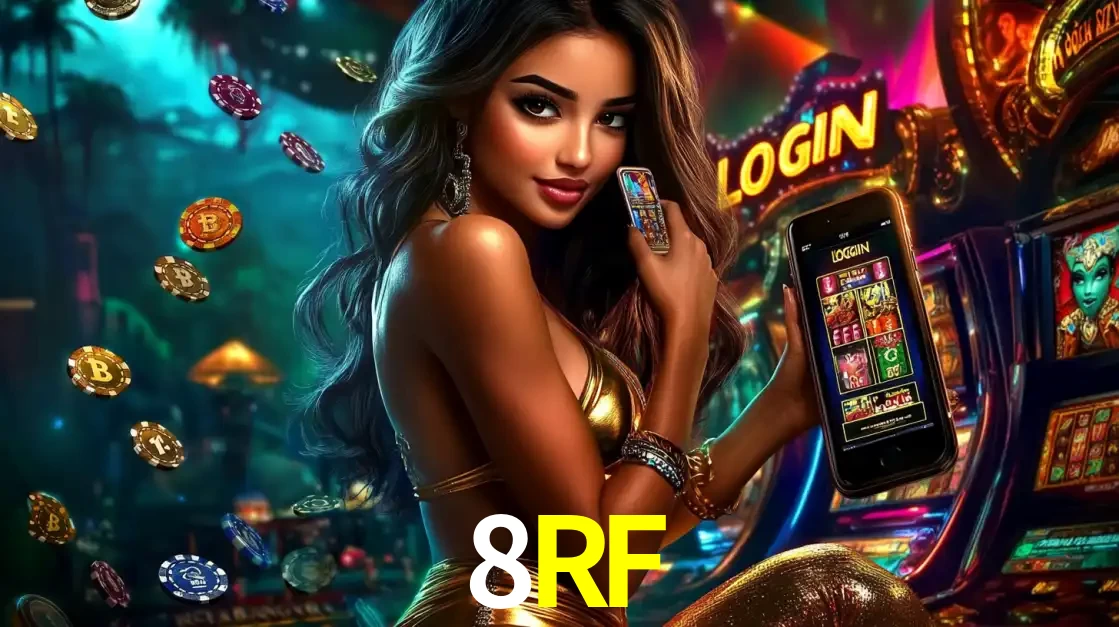 Mulher em um cenário de cassino temático de aventura, mostrando o app de caça-níqueis da 8RF no celular. Fichas de apostas flutuam ao redor.