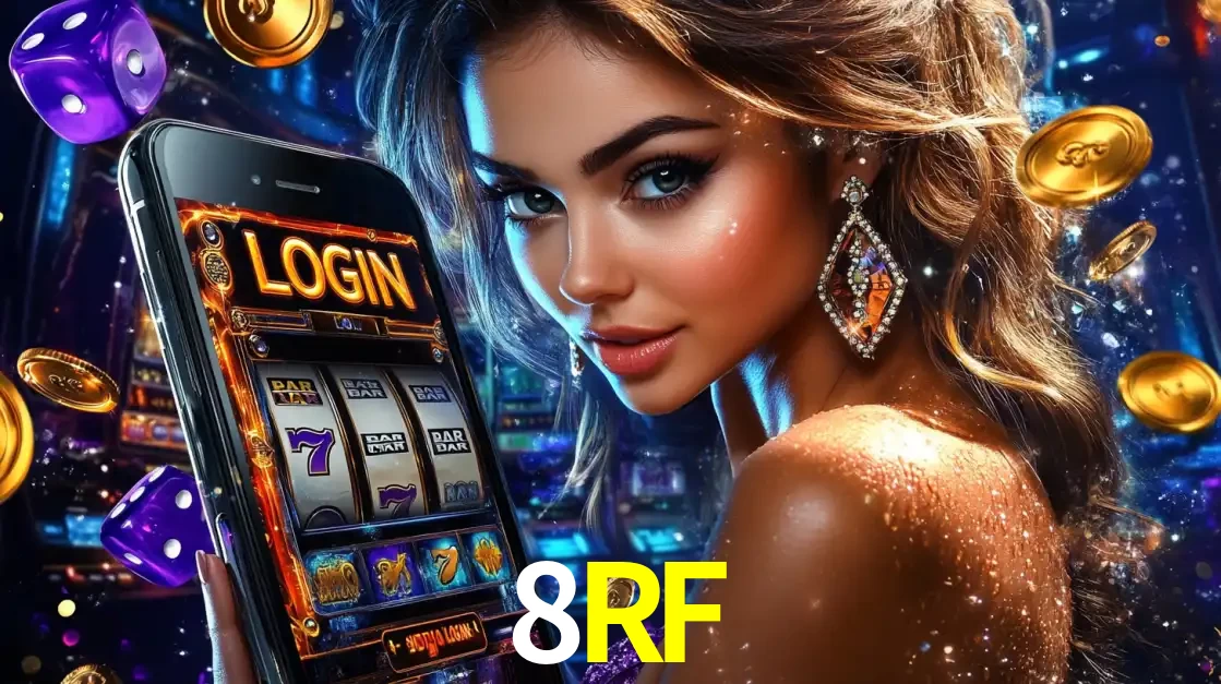 Mulher glamorosa segurando um smartphone com a tela de login para os jogos de caça-níqueis do cassino online 8RF, com moedas de ouro e dados ao redor.