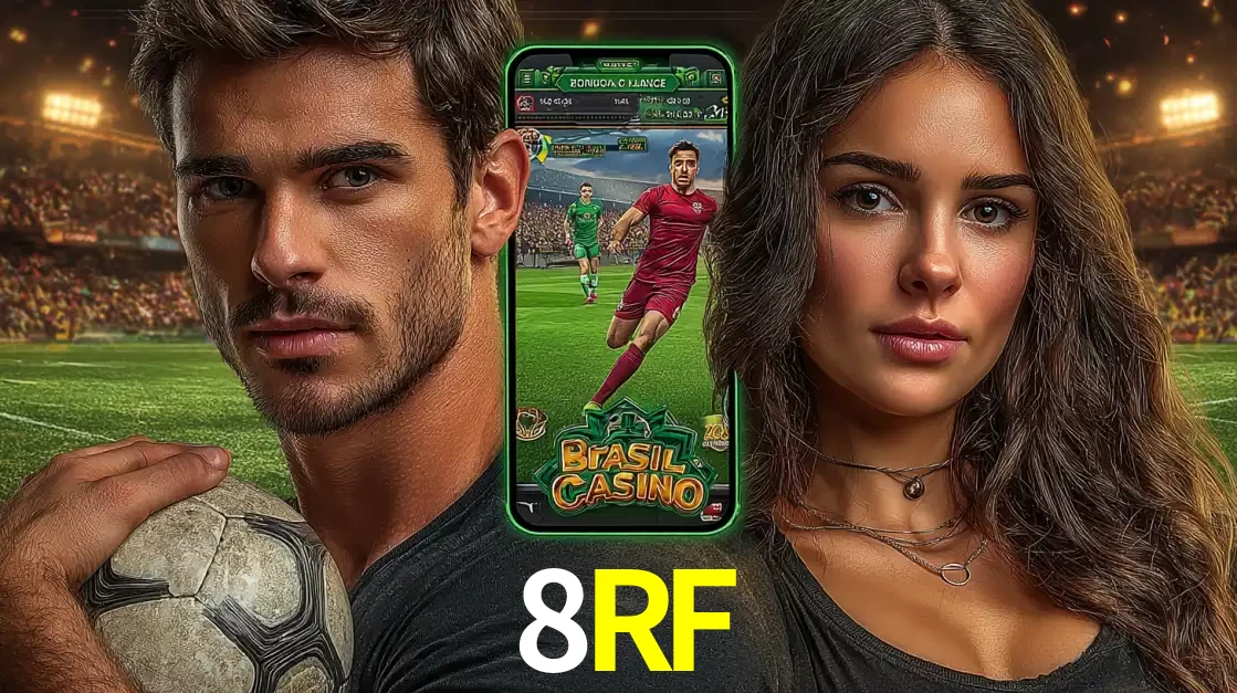 Homem segurando uma bola de futebol e uma mulher ao lado de um smartphone exibindo o jogo de apostas esportivas da 8RF. Faça seu palpite no cassino online.